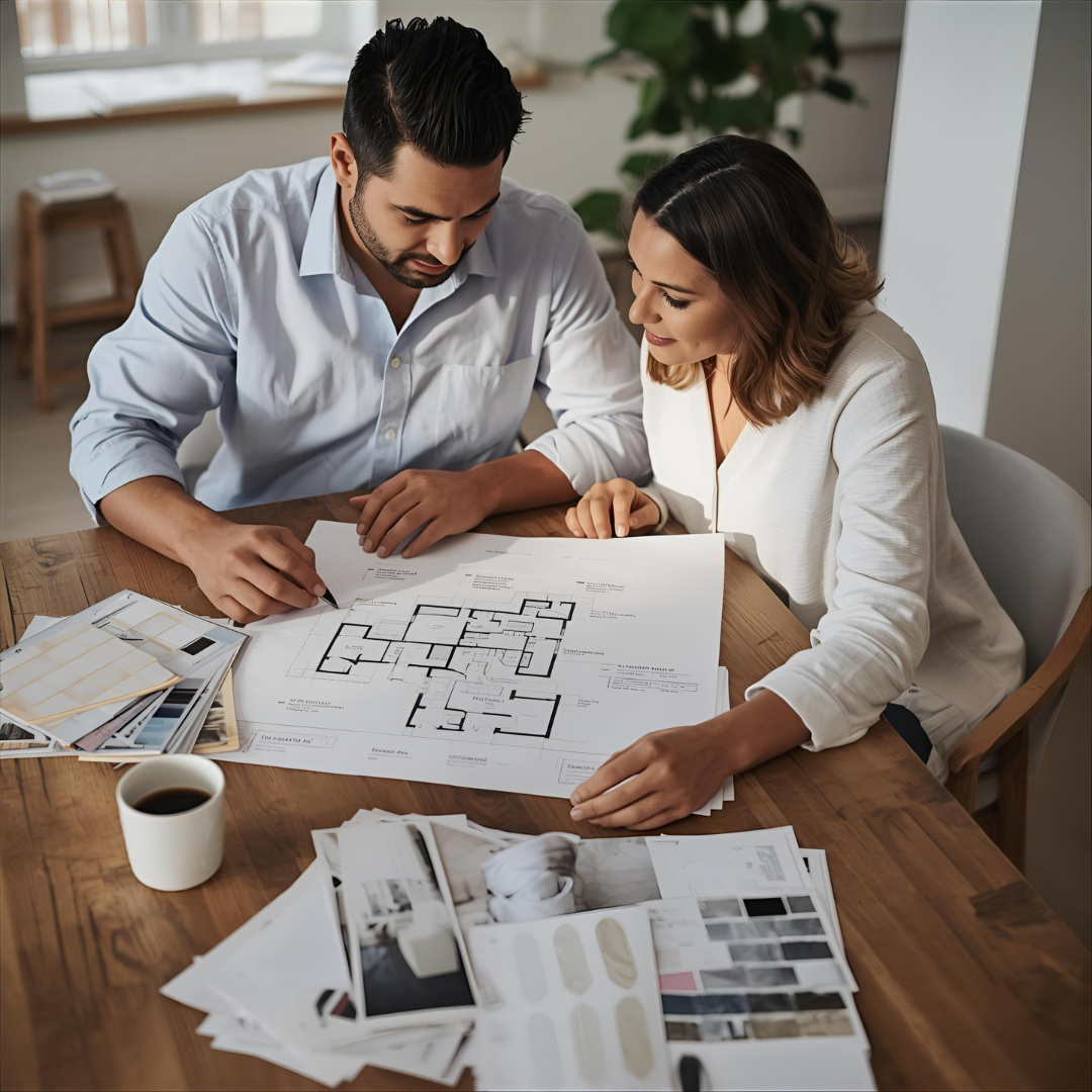 A couple reviewing floor plans and material samples together at home during the early stages of planning a remodel.