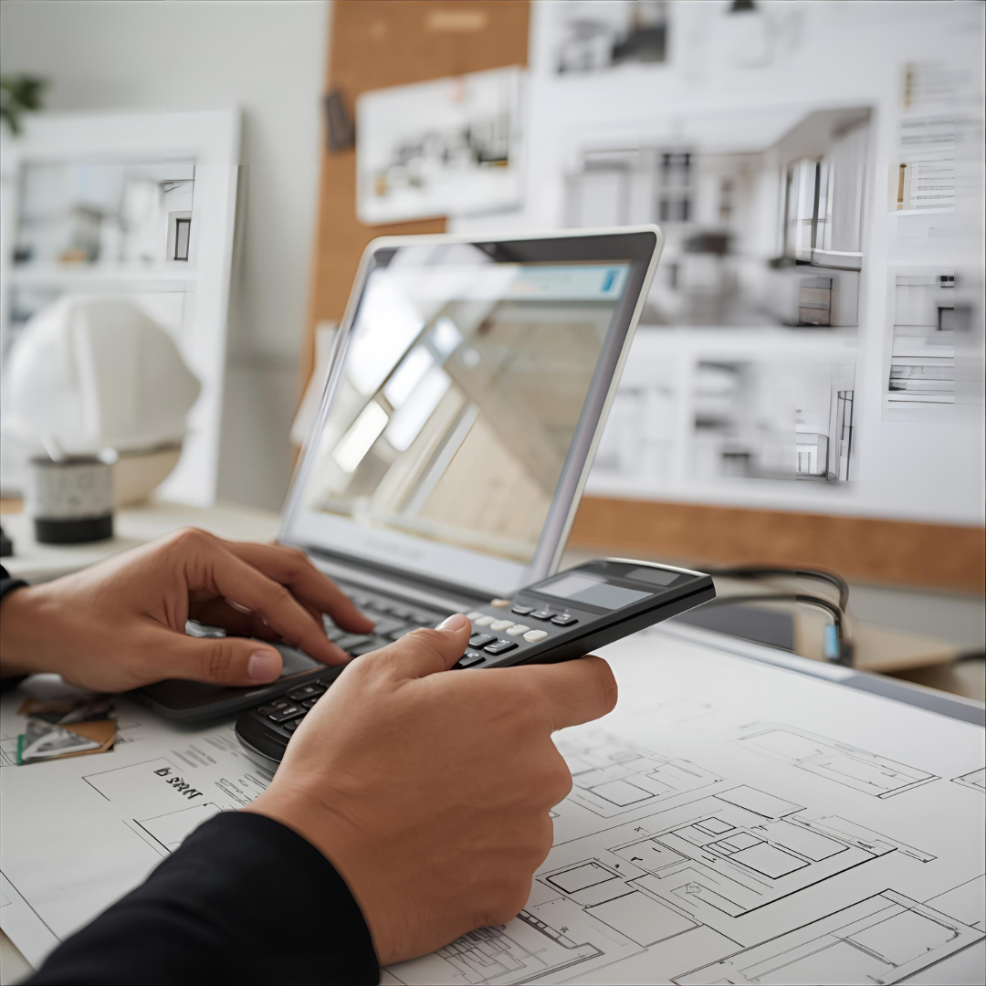 A contractor reviewing a remodel budget and plans on a laptop with sketches and materials on the desk.