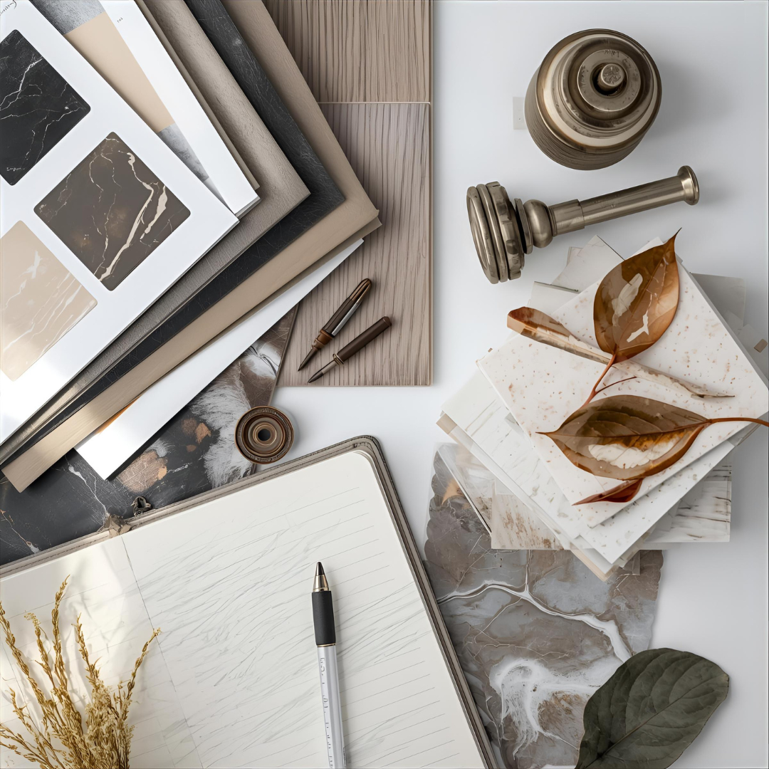 A designer’s flat lay of materials including tile, marble, and brass fixtures arranged as part of a remodel inspiration board.