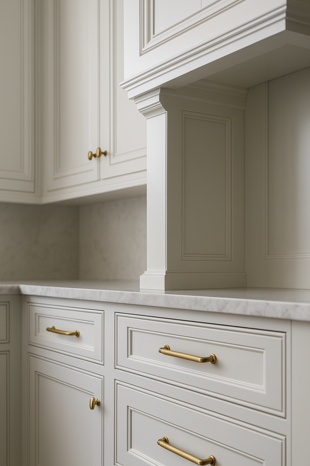 Close-up of custom kitchen cabinetry with detailed molding and brass hardware — highlighting craftsmanship and high-end remodel quality.