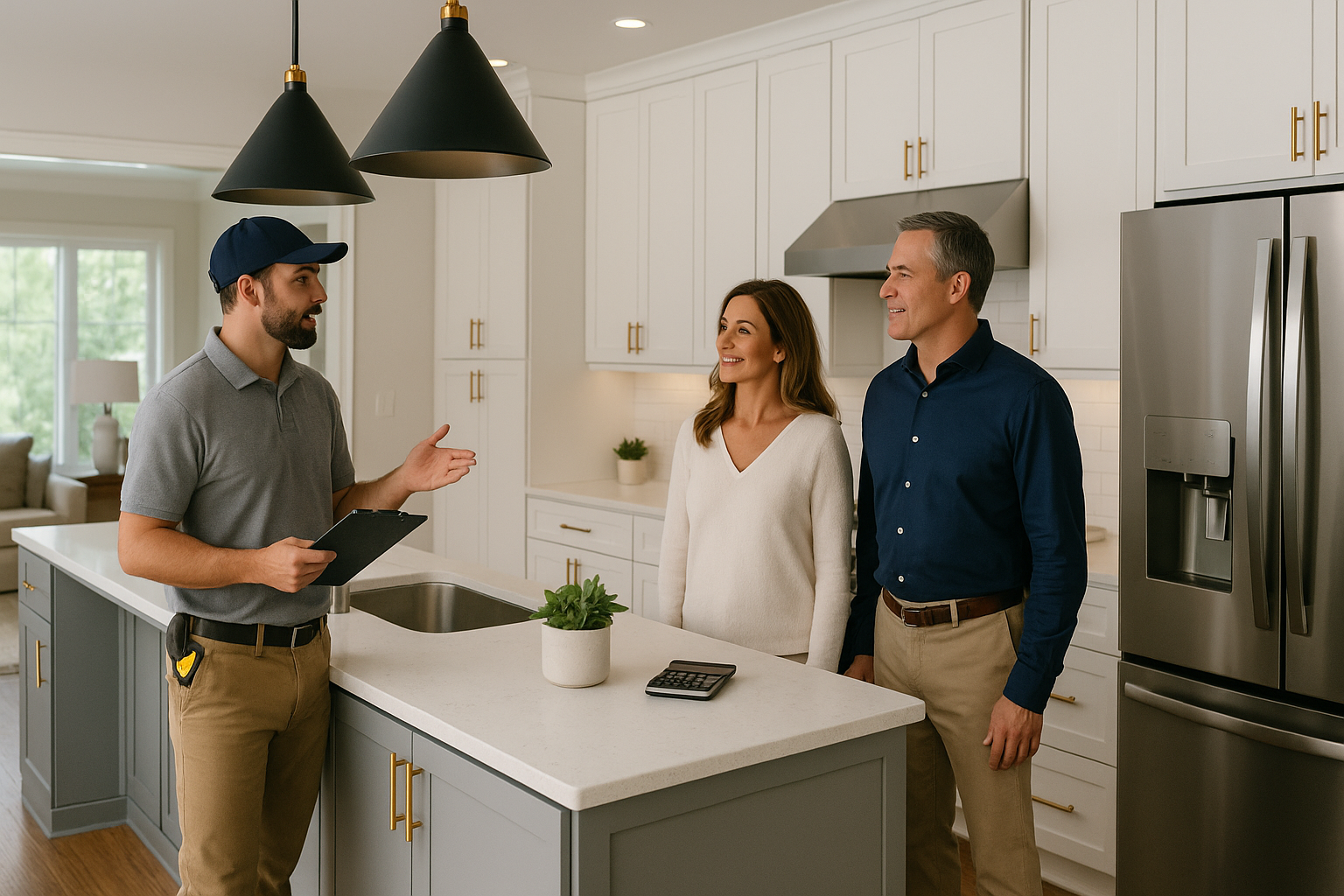 Contractor and homeowners conducting a final walkthrough in a newly remodeled luxury kitchen with marble countertops, custom cabinetry, and modern lighting in a Tampa Bay home.
