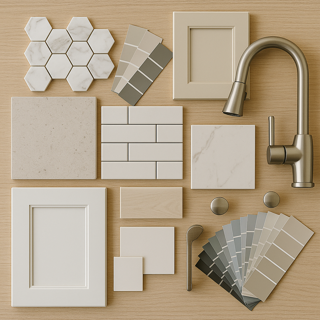 Remodel material selections including tiles, paint colors, and fixtures