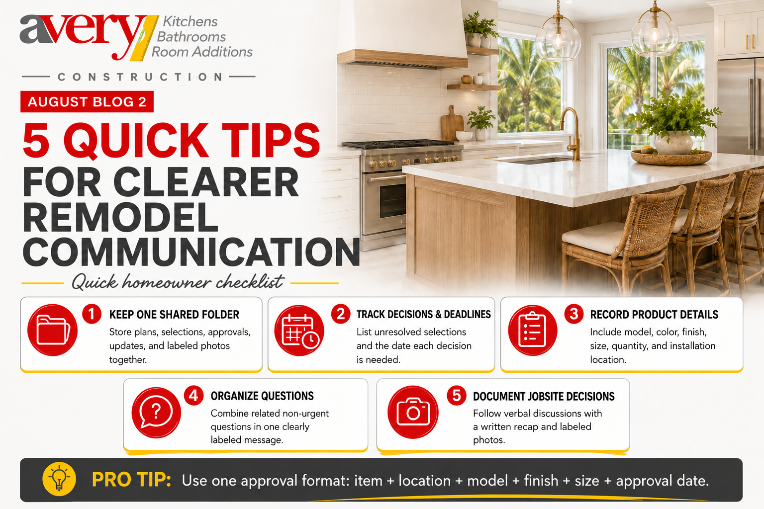 Avery Construction infographic featuring five quick tips for clearer communication during a Florida home remodel.